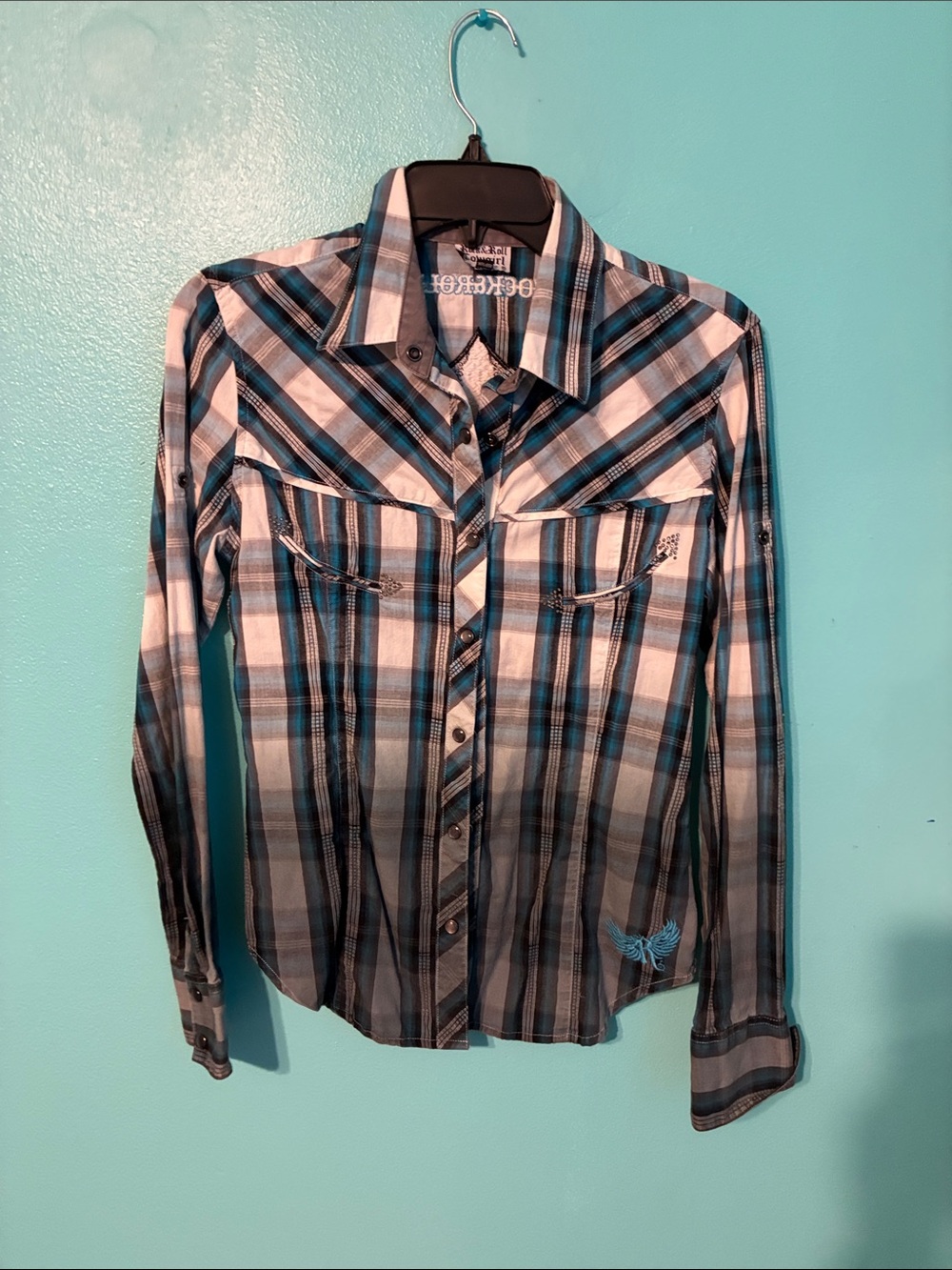 Womens Plaid Button-Up Shirt - Blue and Black ombre
